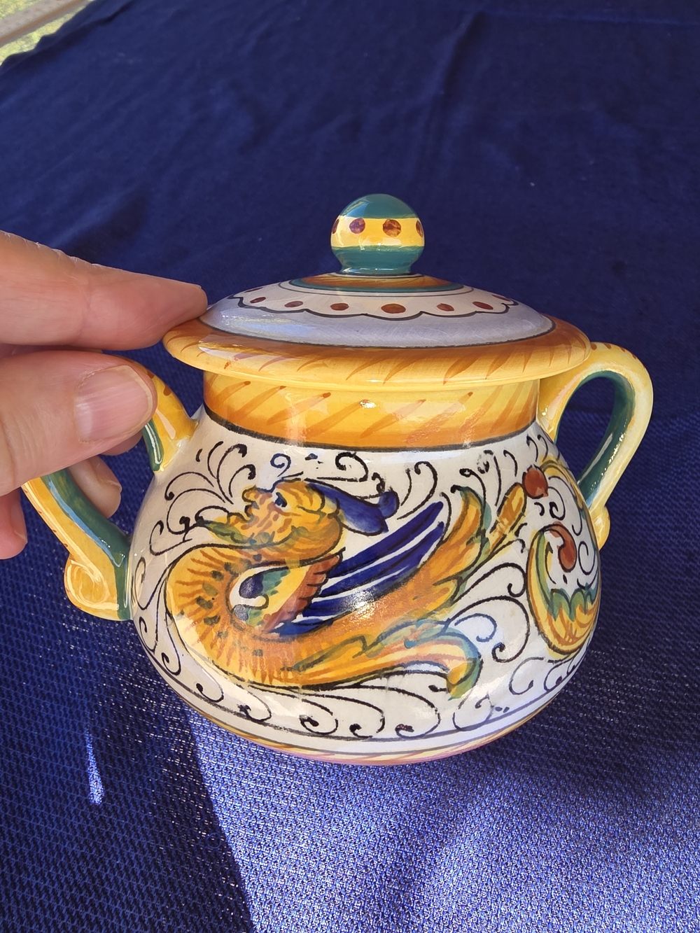 VTG DERUTA Italy Raffaellesco Lidded Sugar bowl jar Majolica Hand Painted Dragon